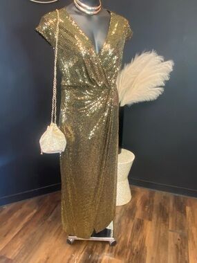 Gold Soft Sequin Look Wrap Dress-2x